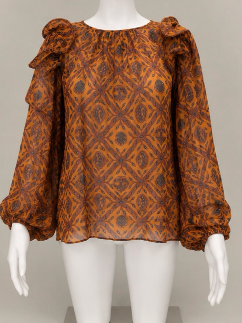 Ulla Johnson 100% Silk Printed Ruffle Blouse Size 10 Orange Brown